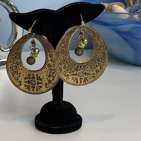 Boho Gold Tone and Green Enamel Drop Earrings - Picture 2 of 5
